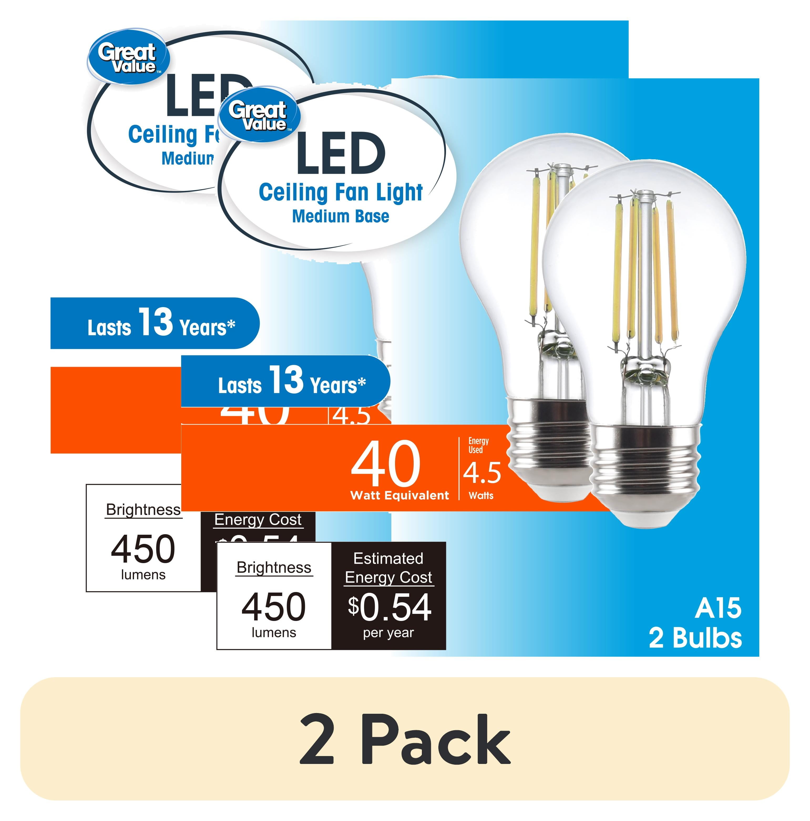 (2 pack) Great Value LED Ceiling Fan Bulb, 4.5-Watt (40W Eqv.) A15 Shape E26 Base Daylight, 2 Pack