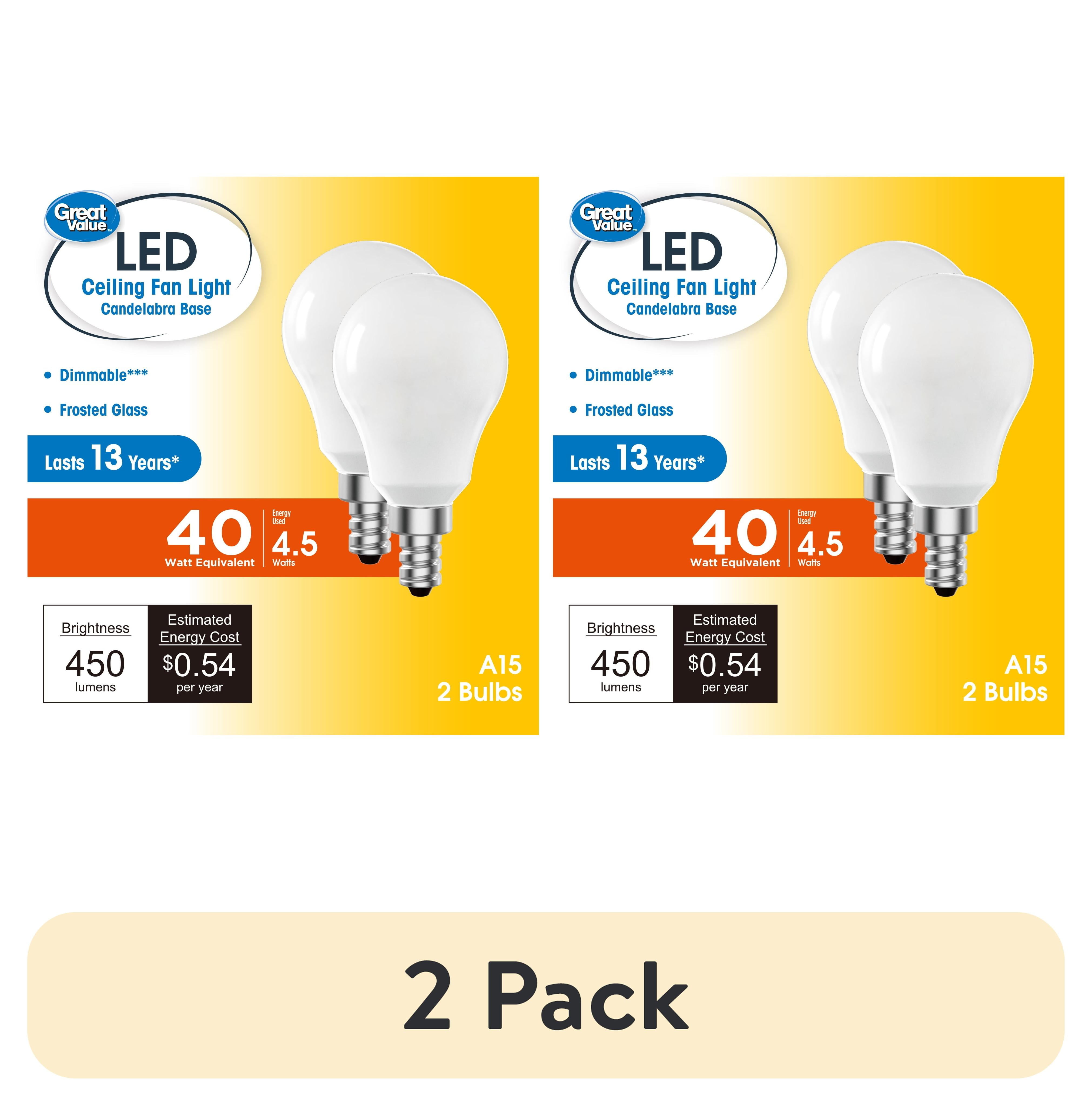(2 pack) Great Value LED Ceiling Fan Bulb 4.5W(40W Equivalent) Soft White A15 with E12 Base Dimmable, 2PK