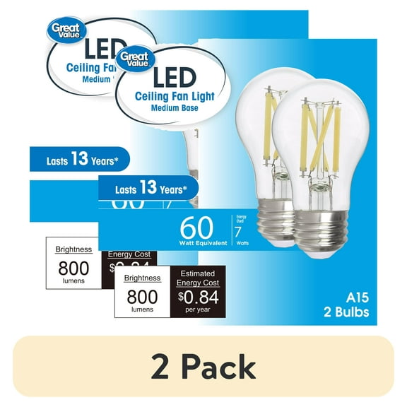 (2 pack) Great Value LED Ceiling Fan Bulb, 6.5-Watt (60W Eqv.) A15 Shape E26 Base Daylight, 2 Pack