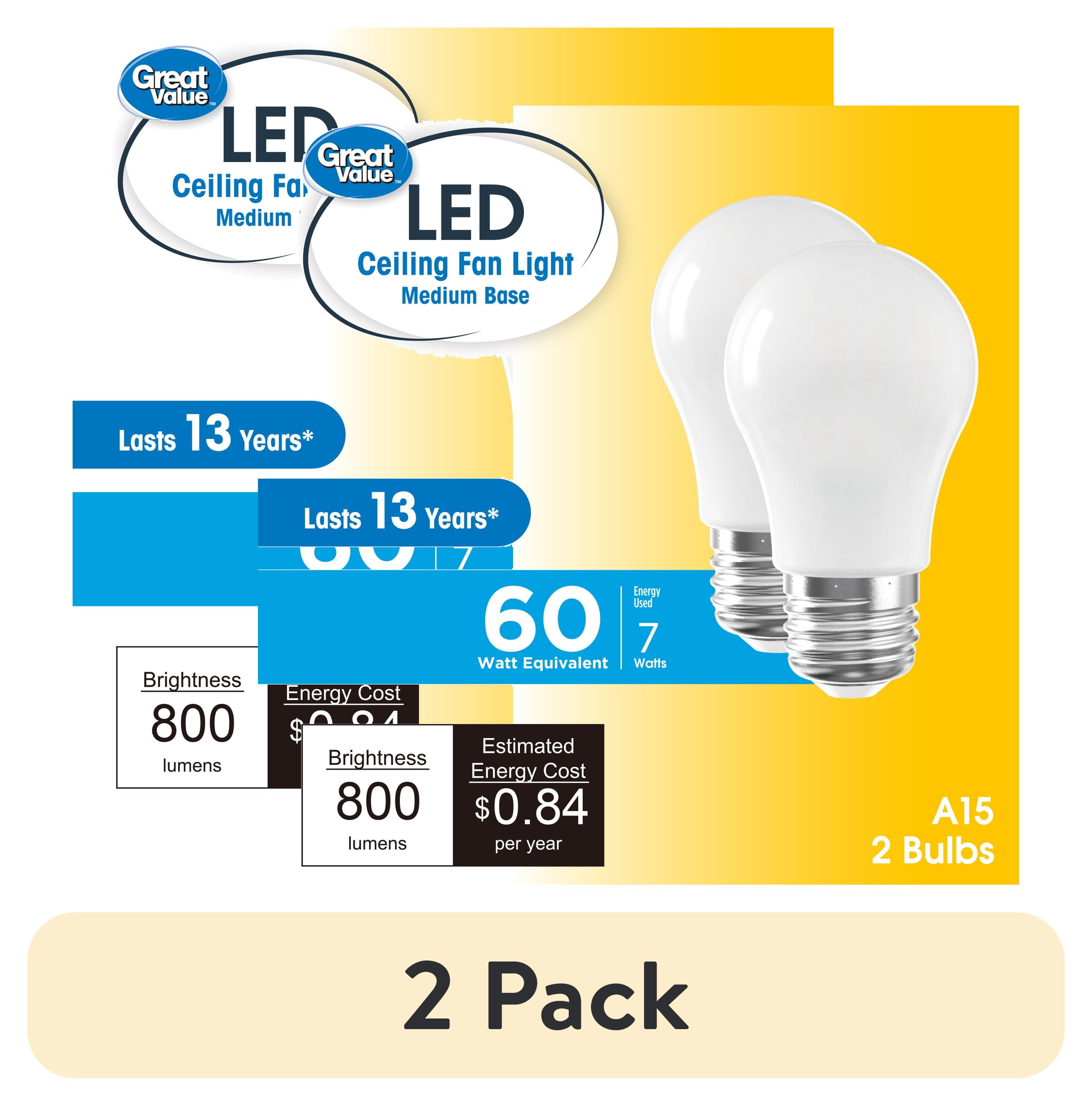 (2 pack) Great Value LED Ceiling Fan Bulb, 7-Watt (60W Equivalent) A15 with E26 Base Soft White, 2 Pack