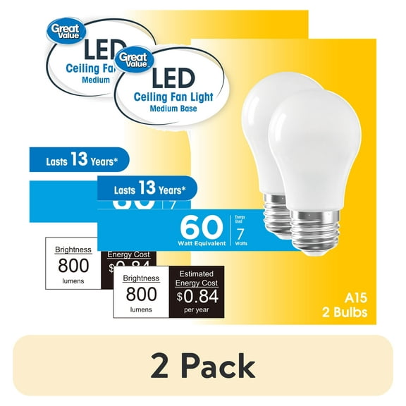 (2 pack) Great Value LED Ceiling Fan Bulb, 7-Watt (60W Equivalent) A15 with E26 Base Soft White, 2 Pack