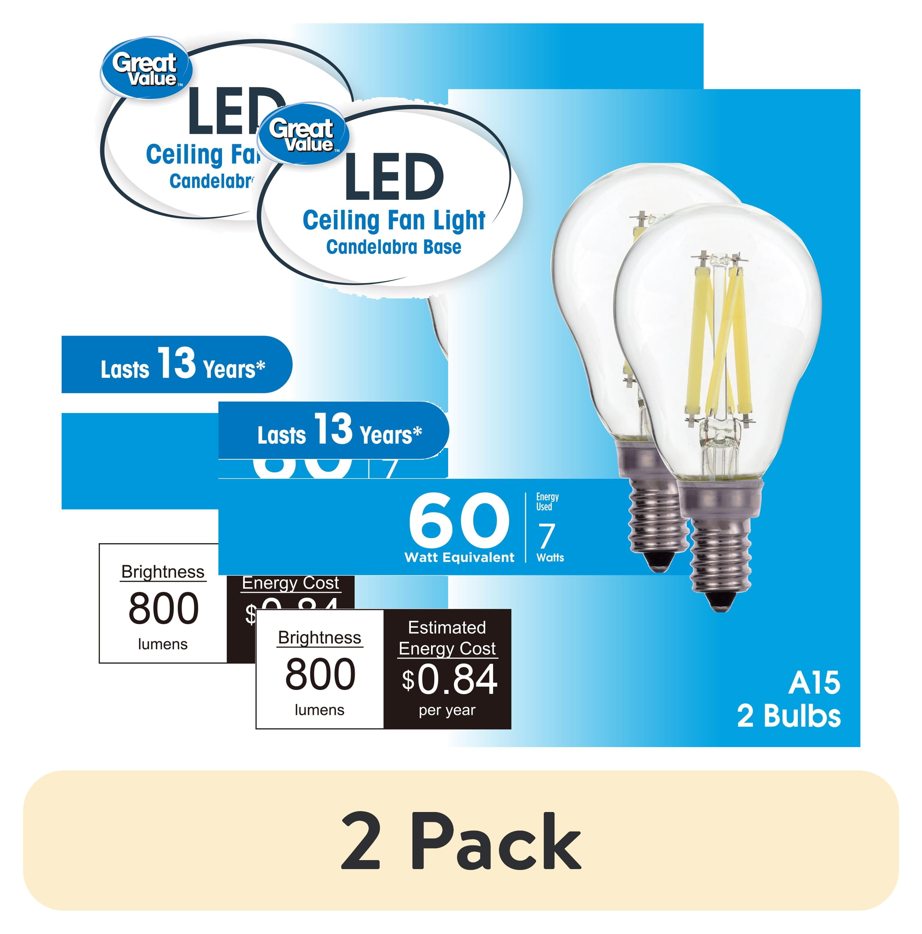 (2 pack) Great Value LED Ceiling Fan Bulb, 7-Watt (60W Eqv.) A15 Shape E12 Base Daylight, 2 Pack