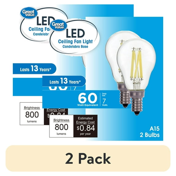 (4 pack) Great Value LED Ceiling Fan Bulb, 7-Watt (60W Eqv.) A15 Shape E12 Base Daylight, 2 Pack