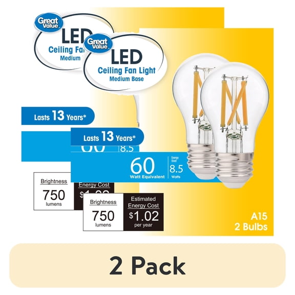 (2 pack) Great Value A15 LED 8.5W (60W Equivalent) Soft White Ceiling Fan E26 Medium Base Light Bulbs, Dimmable, 2 Pack