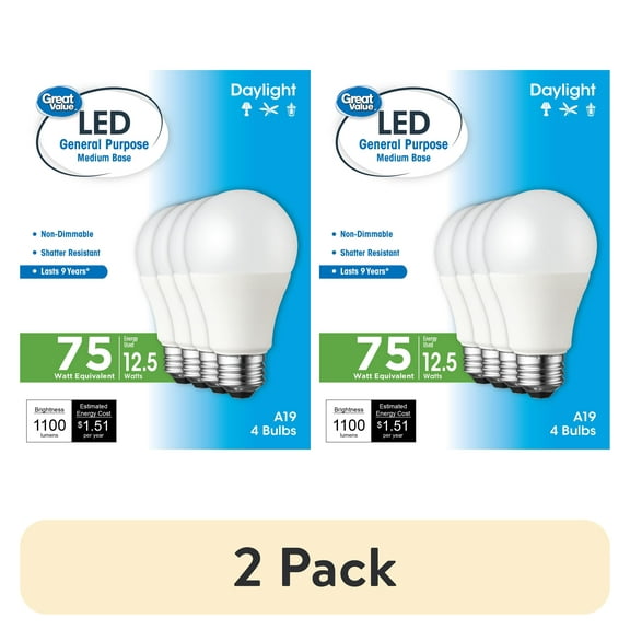 (2 pack) Great Value LED Light Bulb, 12.5W (75W Equivalent) A19 General Purpose Lamp E26 Medium Base, Non-dimmable, Daylight, 9yr, 4-Pack