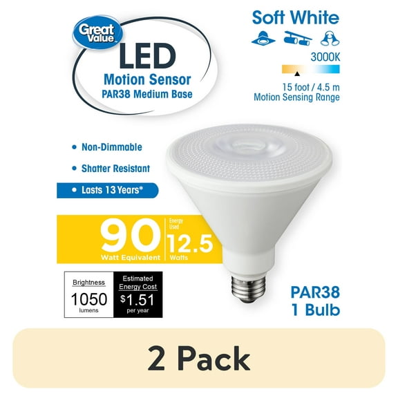 (2 pack) Great Value PAR38 LED 12.5W (90W Equivalent) E26 Medium Base Motion Sensor Light Bulb