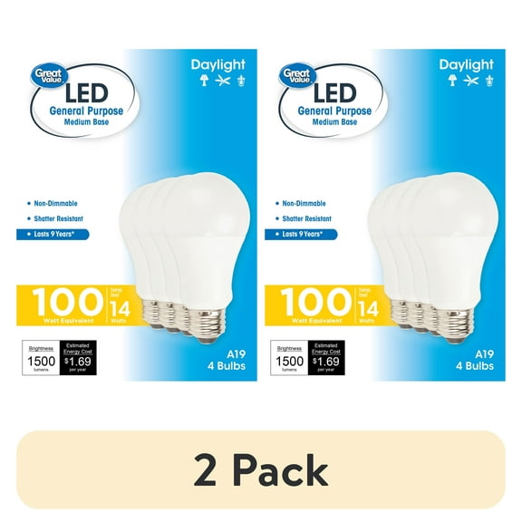(2 pack) Great Value LED Light Bulb, 14 Watts (100W Equivalent) A19 General Purpose Lamp E26 Medium Base, Non-dimmable, Daylight, 9yr, 4-Pack