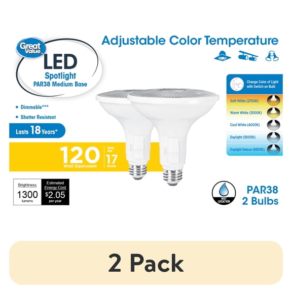 (2 pack) Great Value LED Light Bulb, 15 Watts (120W Equivalent) PAR38 Floodlight Lamp E26 Medium Base, Dimmable, CCT, 2-Pack