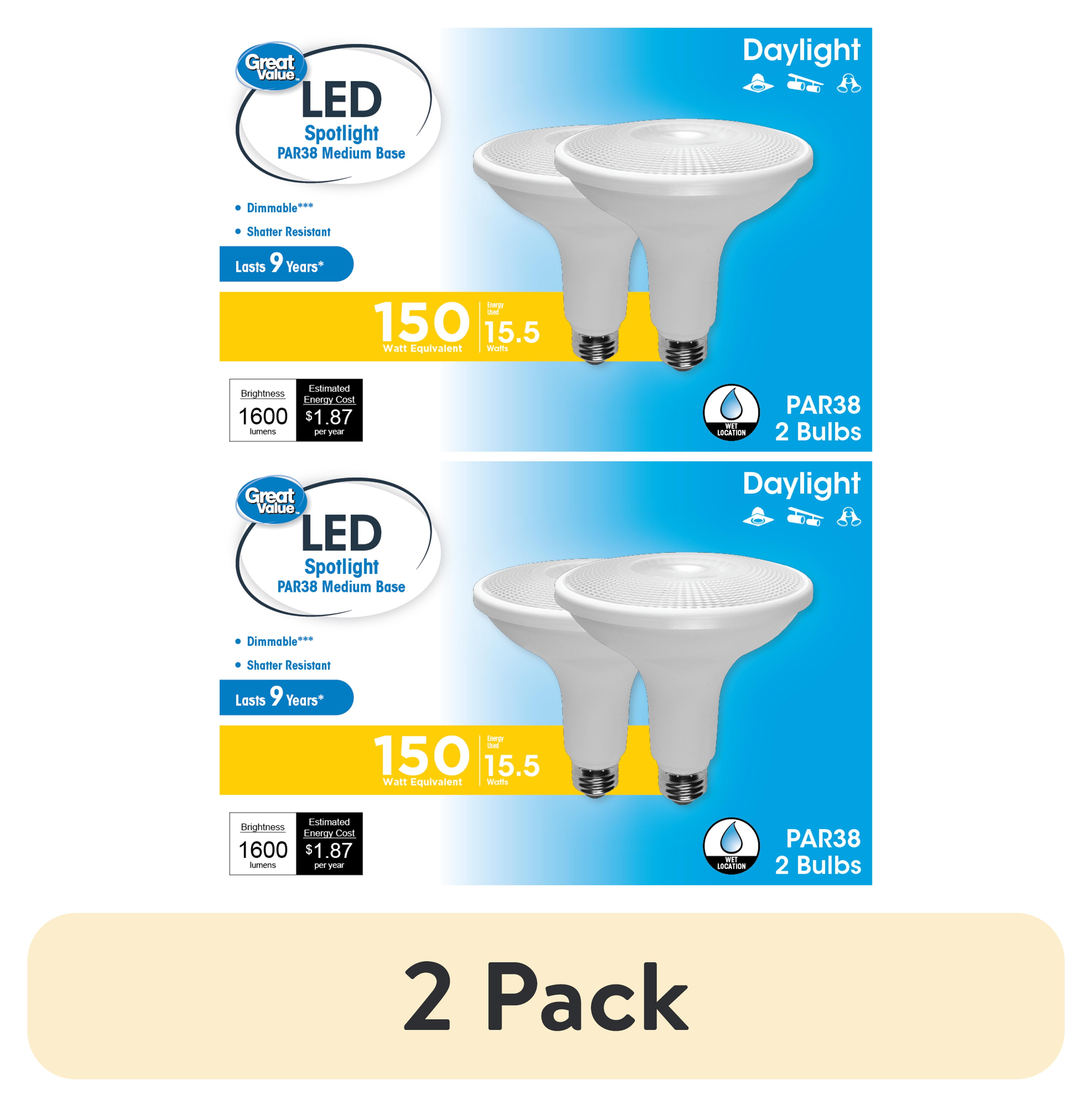 (2 pack) Great Value LED Light Bulb, 18.5 Watts (150W Equivalent) PAR38 Floodlight Lamp E26 Medium Base, Dimmable, Daylight, 2-Pack