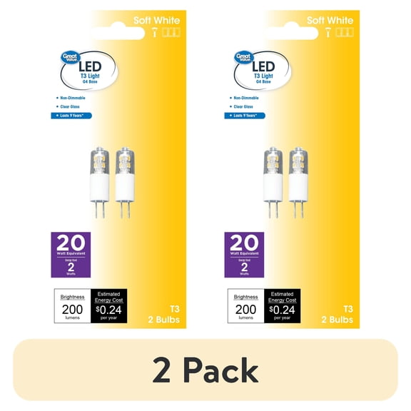 (2 pack) Great Value LED Light Bulb, 2 Watts (20W Eqv.) T3 Lamp G4 Base, Non-dimmable, Soft White, 2-Pack