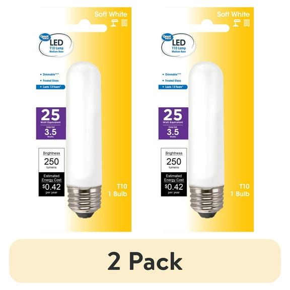 (2 pack) Great Value LED Light Bulb, 3.5 Watts (25W Equivalent) T10 Frosted Tube Lamp E26 Medium Base, Dimmable, Soft White, 1-Pack