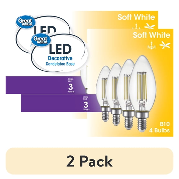 (2 pack) Great Value LED Light Bulb, 3W (25W Equivalent) B10 Deco Lamp E12 Candelabra Base, Dimmable, Soft White, 4-Pack