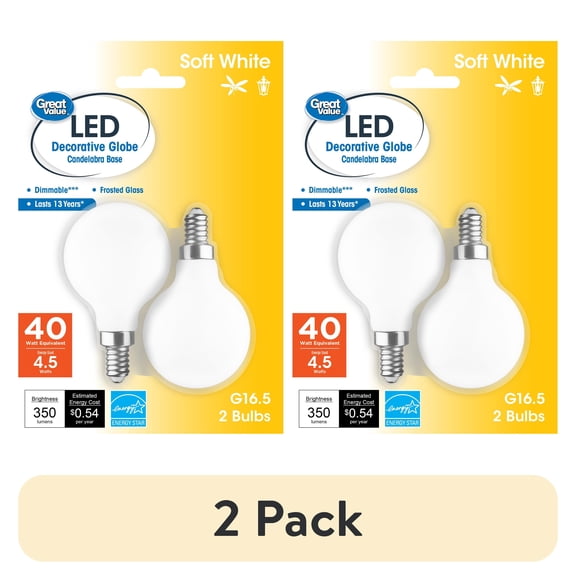 (2 pack) Great Value LED Light Bulb, 4.5 Watts (40W Equivalent) G16 Globe E12 Candelabra Base, Non-Dimmable, Soft White, 2-Pack