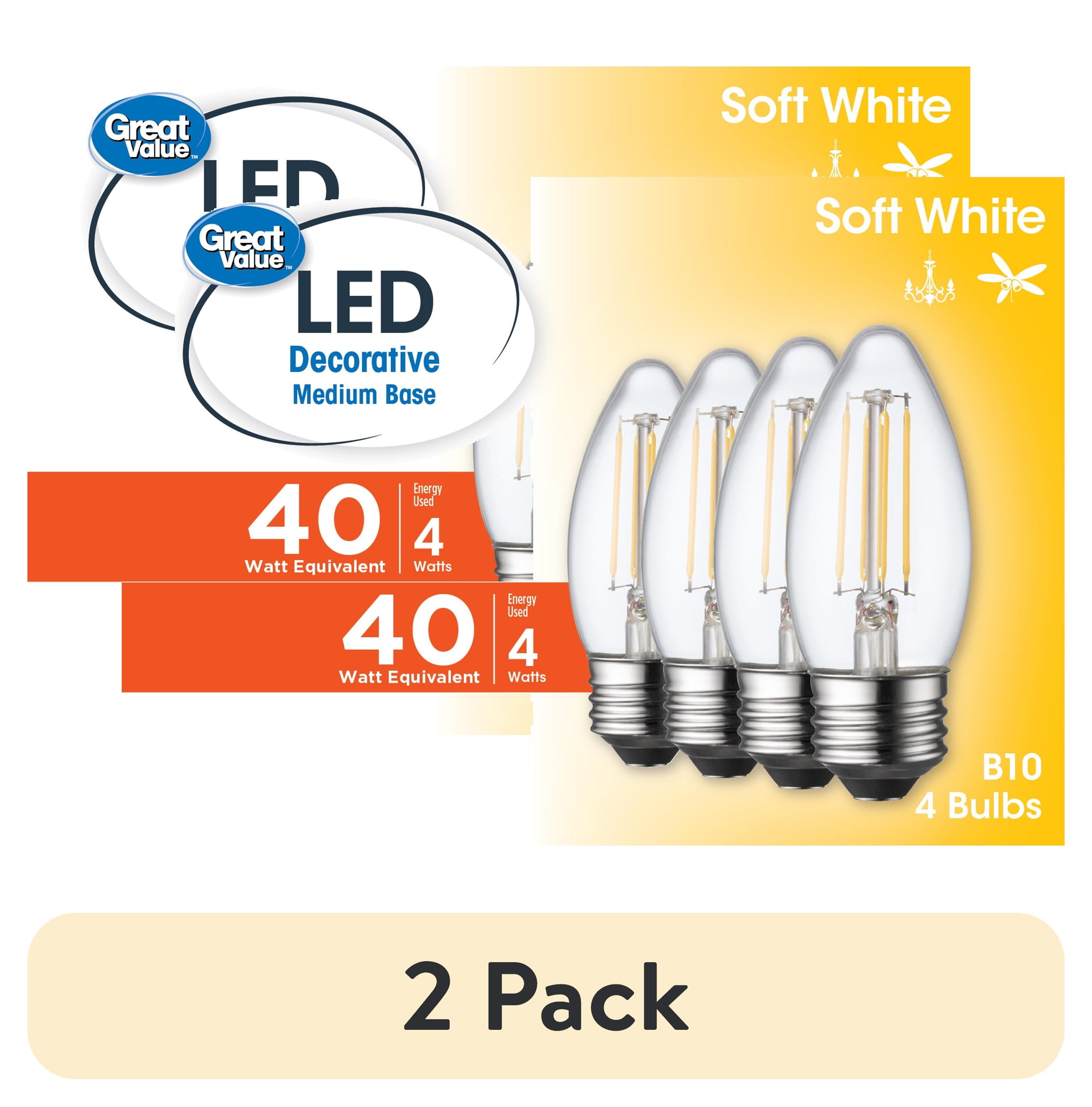 (2 pack) Great Value LED Light Bulb, 4 Watts (40W Equivalent) B10 Deco Lamp E26 Medium Base, Dimmable, Soft White, 4-Pack