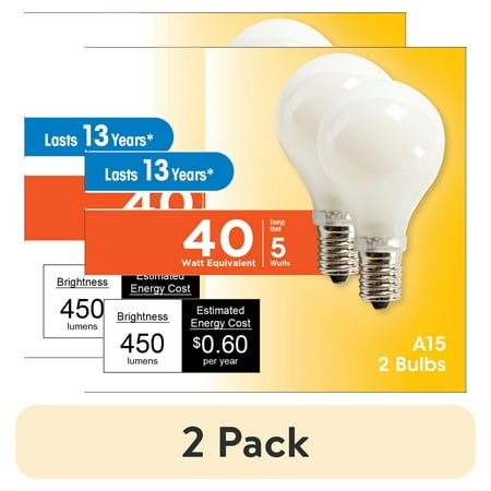 (2 pack) Great Value LED Light Bulb, 4W (40W Eq) A15 Ceiling Fan Frosted E17 Base, Dimmable, Soft White, 2-Pack