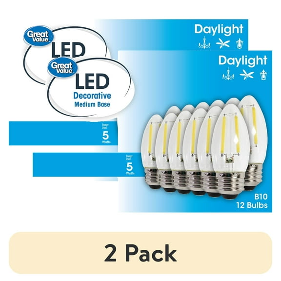 (2 pack) Great Value LED Light Bulb, 4W (60W Equivalent) B10 Deco Lamp E26 Medium Base, Dimmable, Daylight, 12-Pack