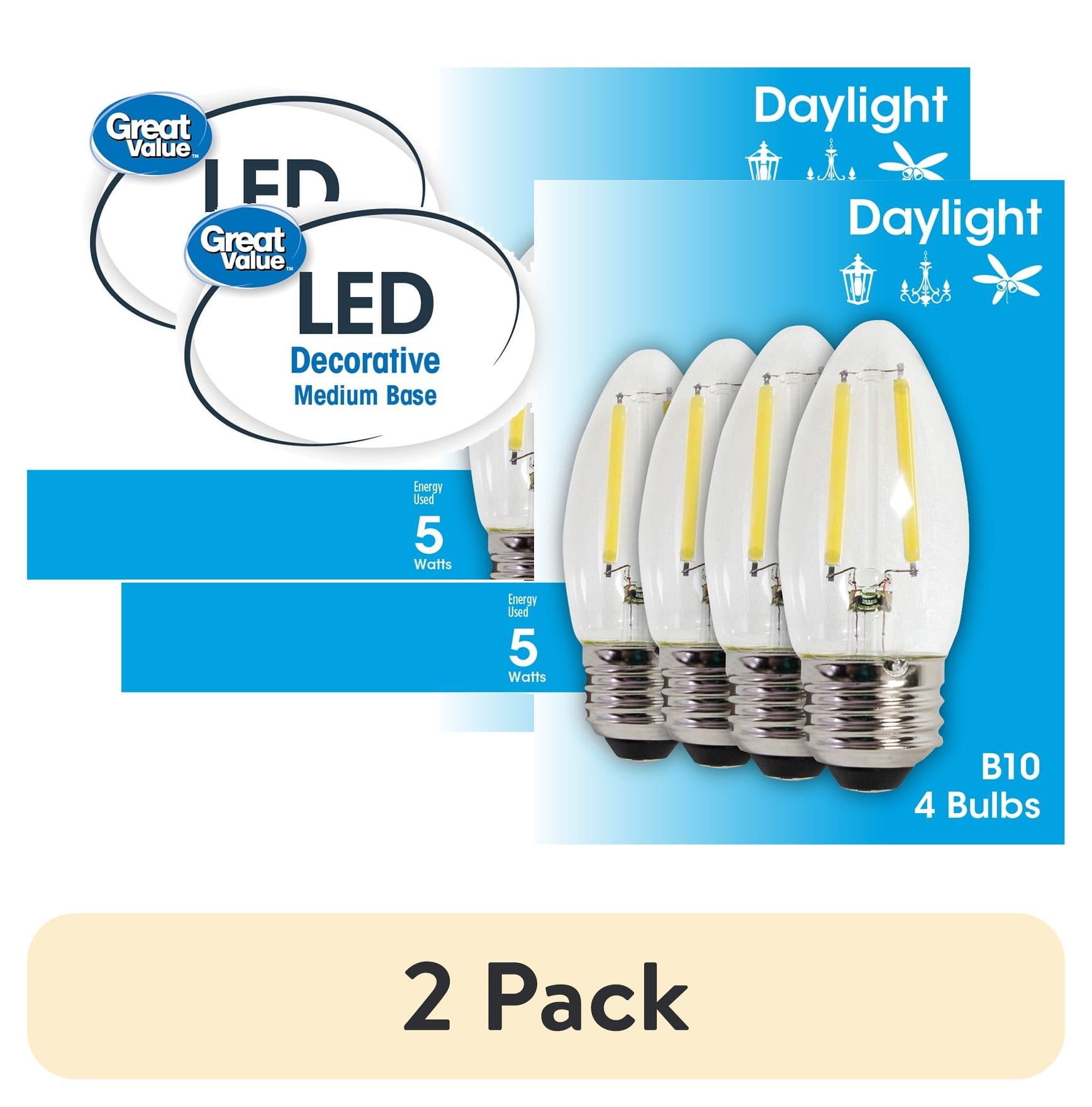 (2 pack) Great Value LED Light Bulb, 4W (60W Equivalent) B10 Deco Lamp, E26 Medium Base, Dimmable, Daylight, 4-Pack