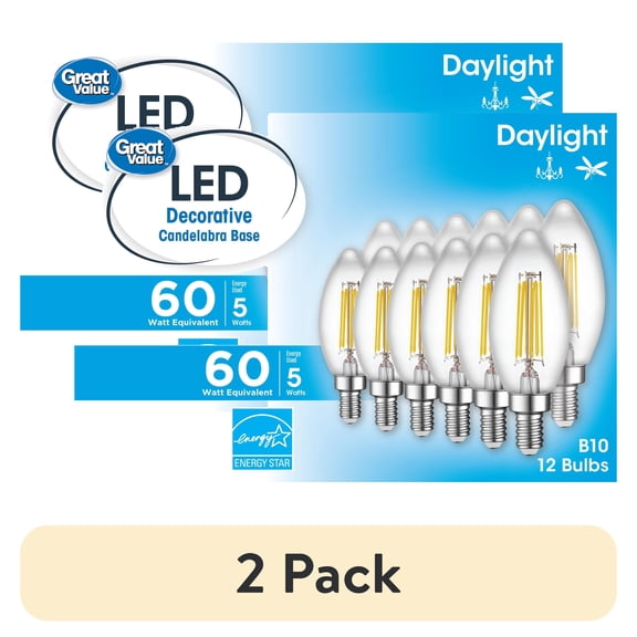 (2 pack) Great Value LED Light Bulb, 5.5 Watts (60W Equivalent) B10 Deco Lamp E12 Candelabra Base, Dimmable, Daylight, 12-Pack