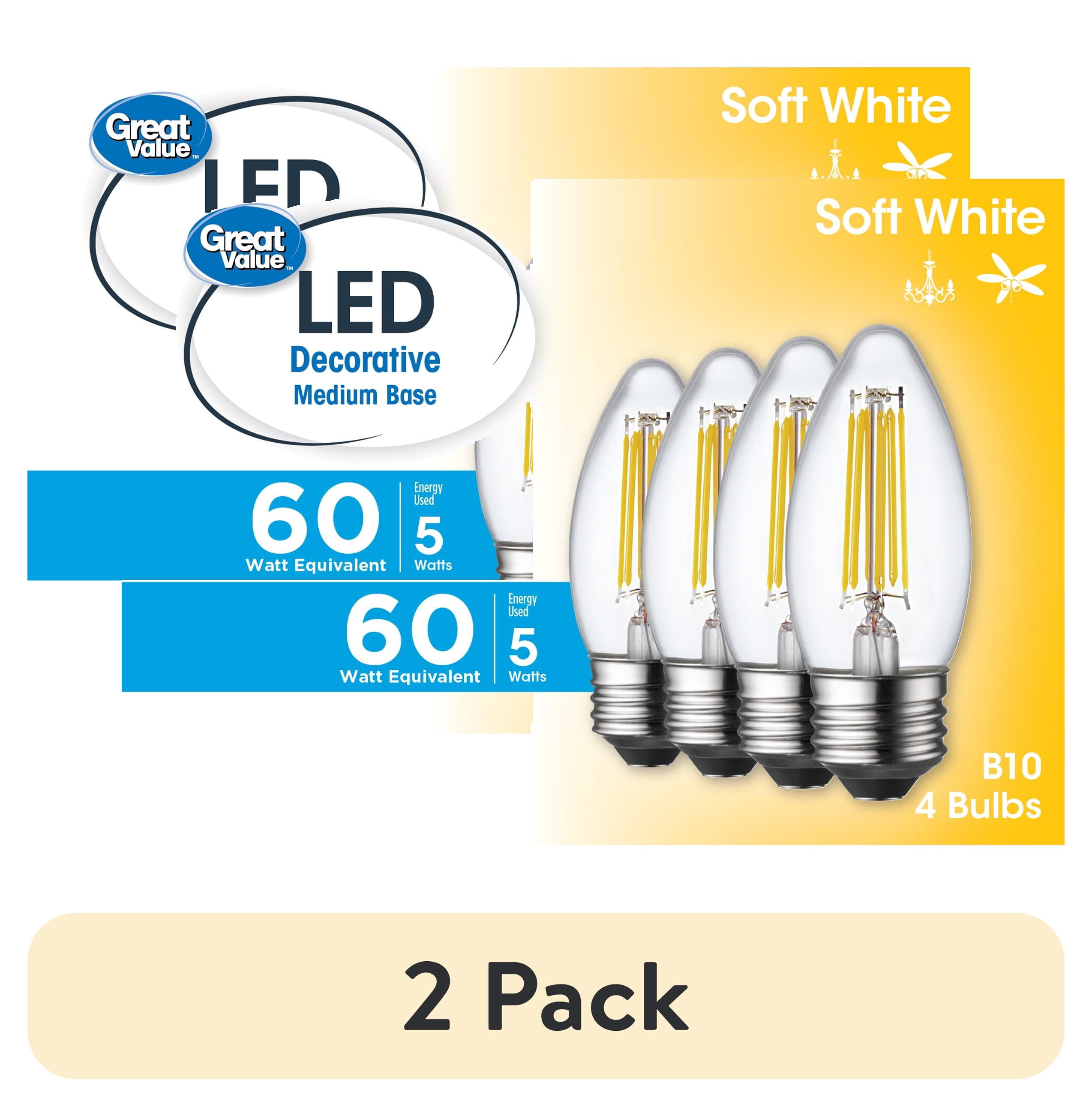 (2 pack) Great Value B10 LED 5W (60W Equivalent) Soft White Decorative Medium Base Light Bulbs, 4 Pack