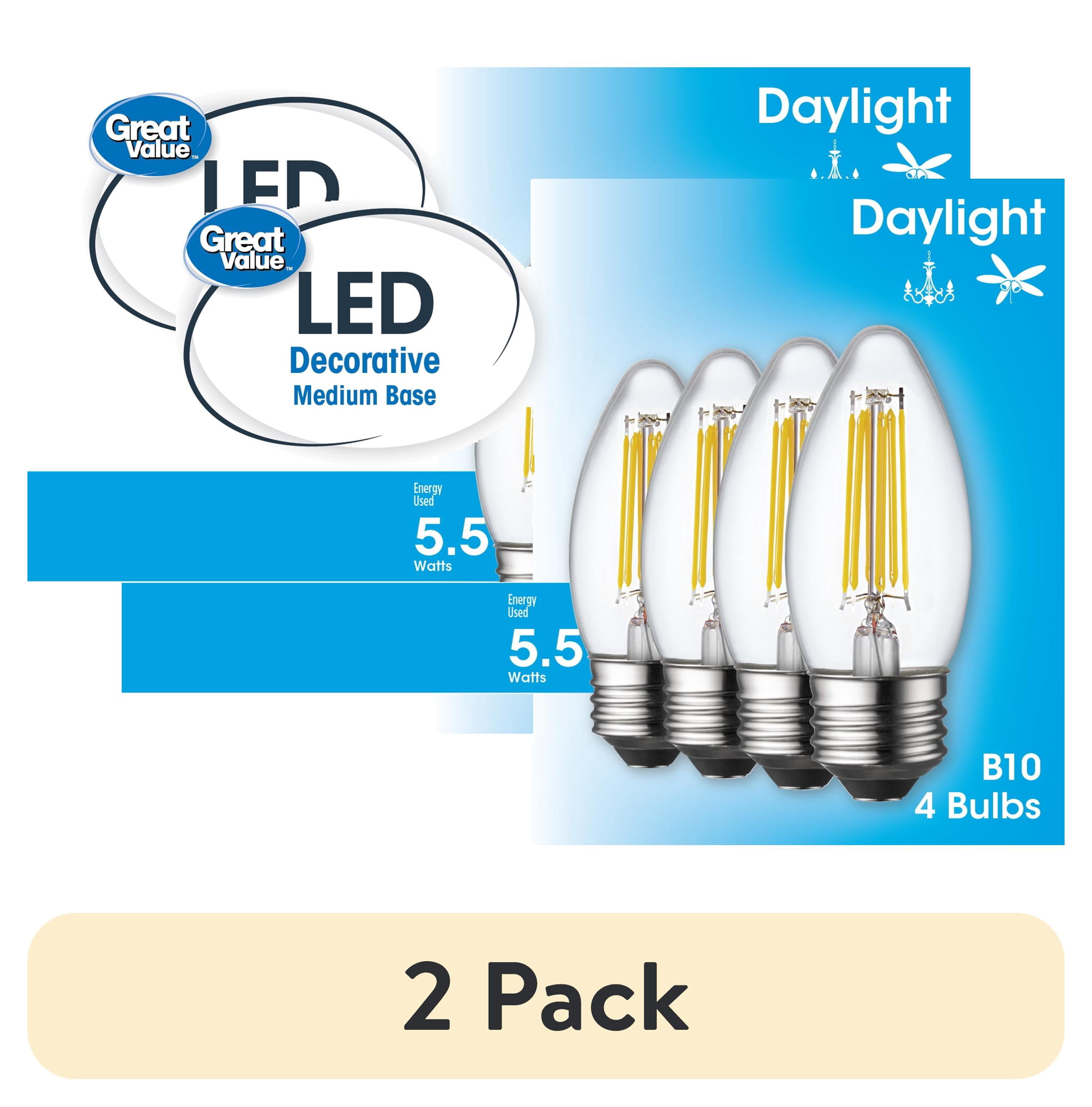 (2 pack) Great Value LED Light Bulb, 5.5W (60W Equivalent) B10 Deco Lamp E26 Medium Base, Dimmable, Daylight, 4-Pack
