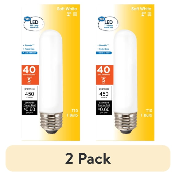 (2 pack) Great Value LED Light Bulb, 5 Watts (40W Equivalent) T10 Frosted Tube Lamp E26 Medium Base, Dimmable, Soft White, 1-Pack