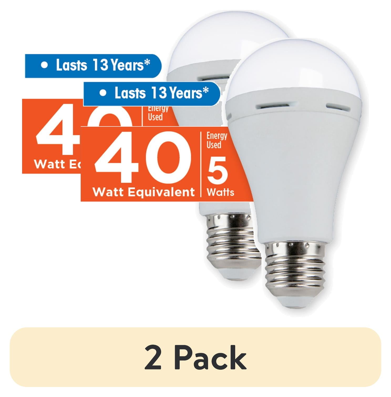 (2 pack) Great Value A19 LED 5W (40W Equivalent) Soft White E26 Medium Base Battery Backup Light Bulb