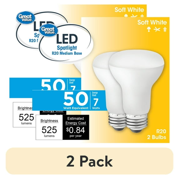 (2 pack) Great Value LED Light Bulb, 7 Watts (50W Equivalent) R20 Floodlight Lamp E26 Medium Base, Dimmable, Soft White, 2-Pack