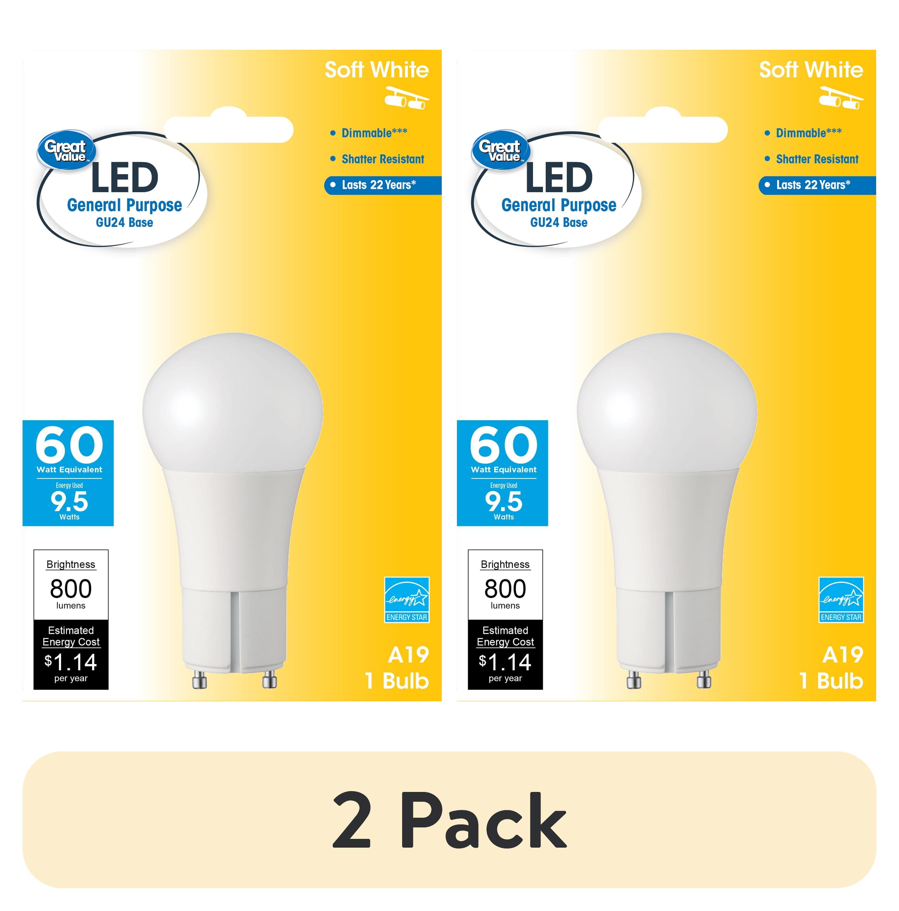 (2 pack) Great Value LED Light Bulb, 9.5 Watts (60W Equivalent) A19 General Purpose Lamp GU24 Base, Dimmable, Soft White, 1-Pack