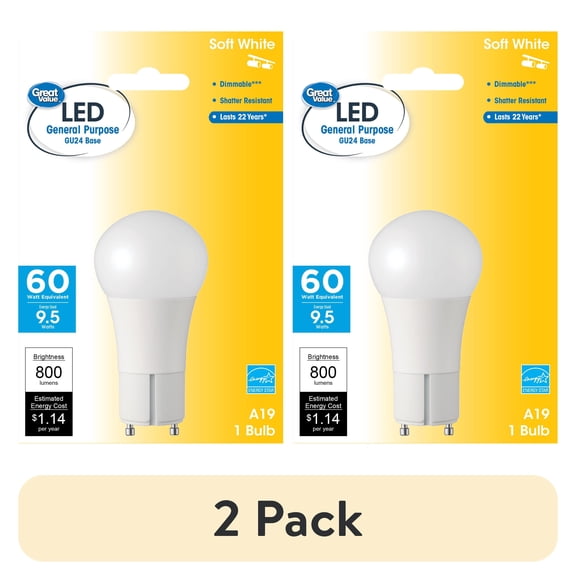 (2 pack) Great Value LED Light Bulb, 9.5 Watts (60W Equivalent) A19 General Purpose Lamp GU24 Base, Dimmable, Soft White, 1-Pack