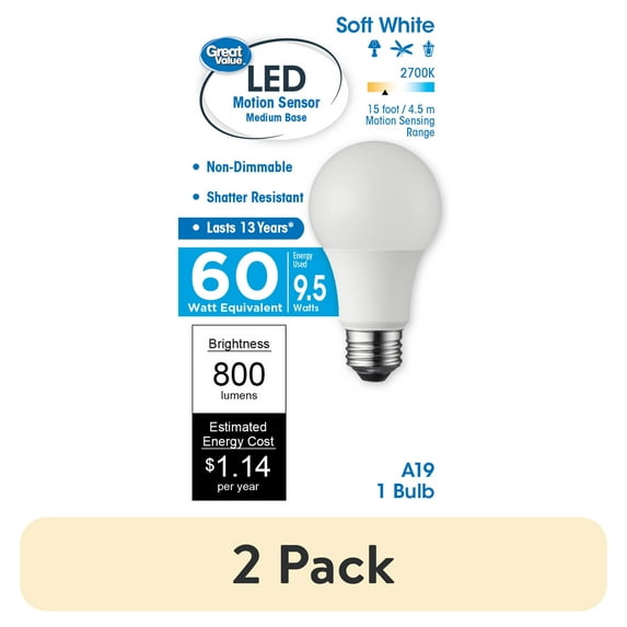 (2 pack) Great Value LED Light Bulb, 9.5 Watts (60W Equivalent) A19 Motion Sensor Lamp E26 Medium Base, Non-dimmable, Soft White, 1-Pack