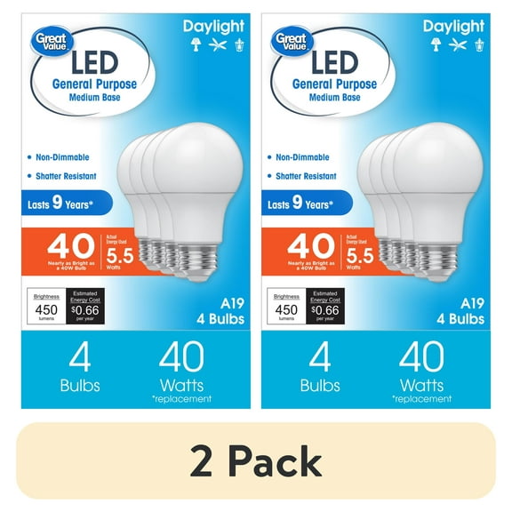 (2 pack) Great Value LED Light Bulb, Daylight, 40 Watt Eqv, A19 General Purpose, E26 Medium Base, 9yr, 4 Pack