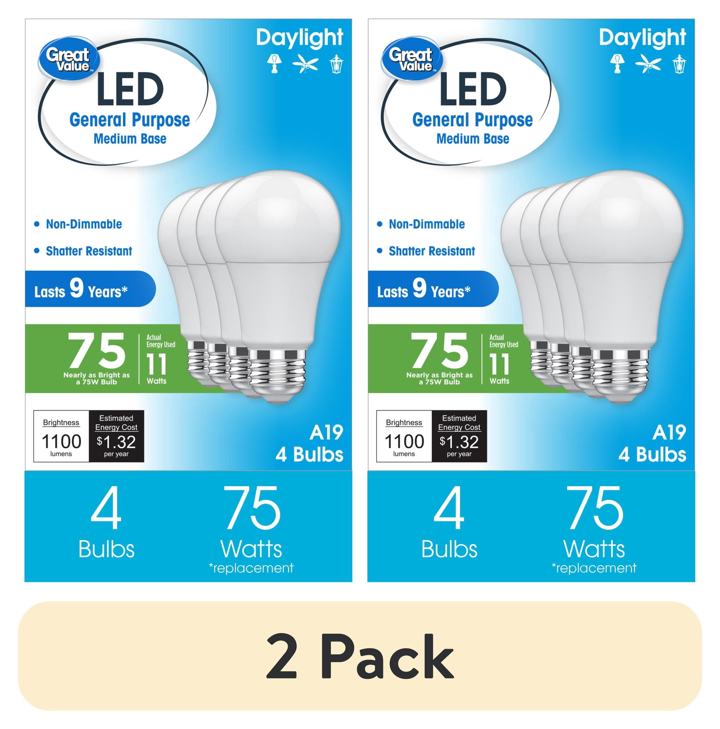 (2 pack) Great Value LED Light Bulb, Daylight, 75 Watt Eqv, A19 General Purpose, E26 Medium Base, 9yr, 4 Pack