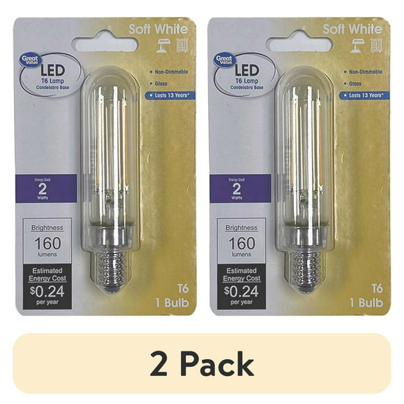 (2 pack) Great Value T6 LED 2W (15W Equivalent) Soft White Lamp E12 Candelabra Base Light Bulb