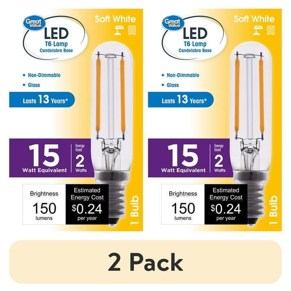(2 pack) Great Value T6 LED 2W (15W Equivalent) Soft White E12 Candelabra Base Tubular Light Bulb, Non-Dimmable