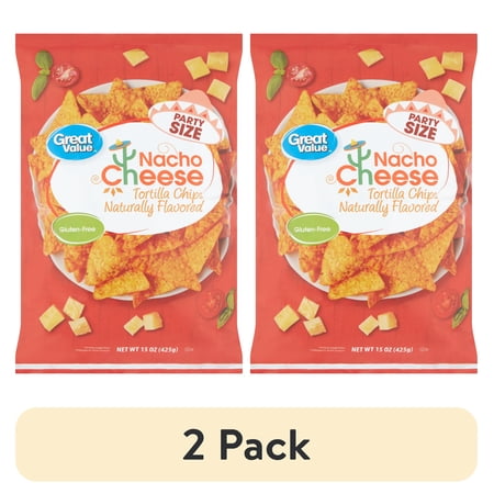 (2 pack) Great Value Nacho Cheese Tortilla Chips Party Size, 15 oz