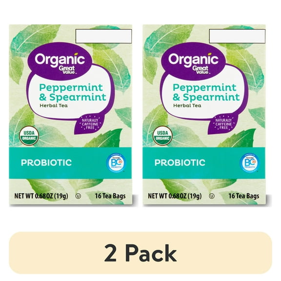 (2 pack) Great Value Organic Peppermint & Spearmint Probiotic Herbal Tea, 0.68 oz, 16 Ct