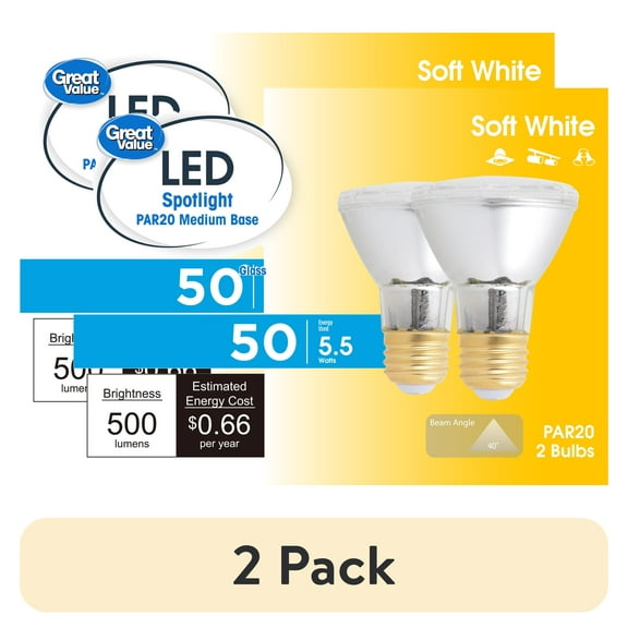 (2 pack) Great Value PAR20 LED Indoor Dimmable Floodlight Bulb, 5.5W (50W Equiv.), E26 Base Soft White, 2PK CA