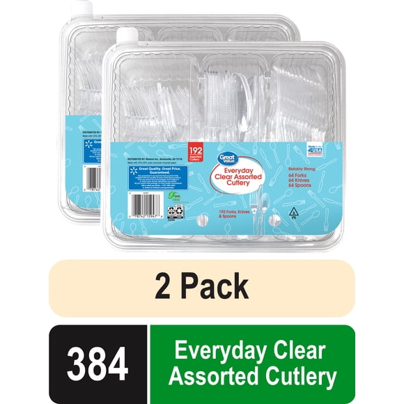 (2 pack) Great Value Plastic Everyday Clear Assorted Cutlery, 192 Count