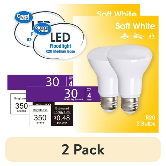 (2 pack) Great Value R20 LED Indoor Floodlight Bulb, 4-Watt (30W Equiv) E26 Medium Base, Soft White, 2PK CA