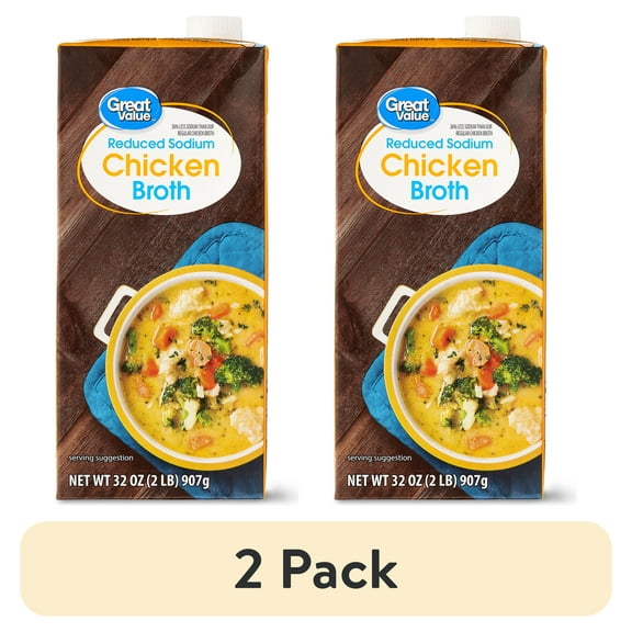 (2 pack) Great Value Reduced Sodium Gluten-Free Chicken Broth, 32 oz Carton