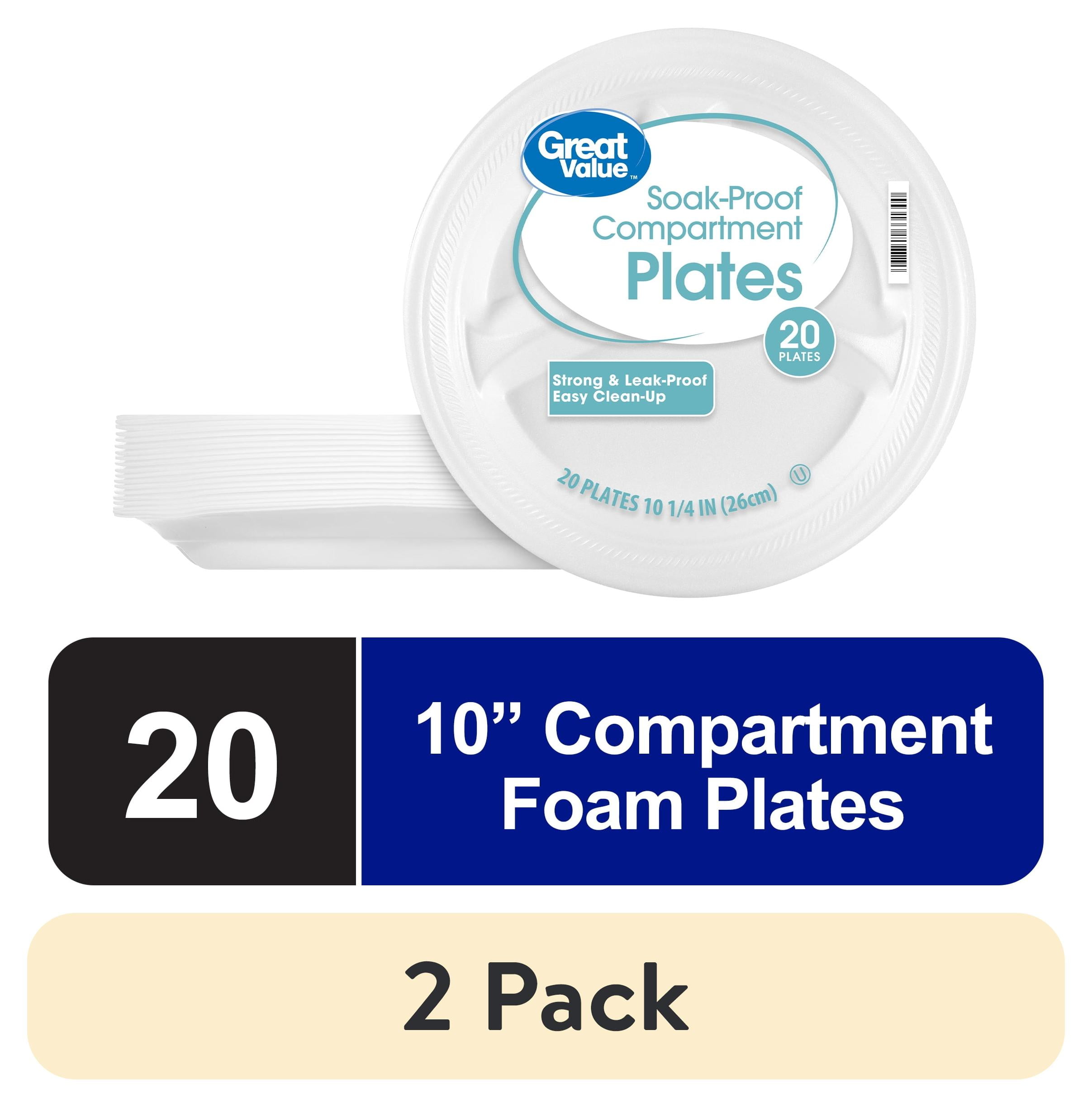 (2 pack) Great Value Soak-Proof Disposable Foam Compartment Plates, 10 in, 20 Count