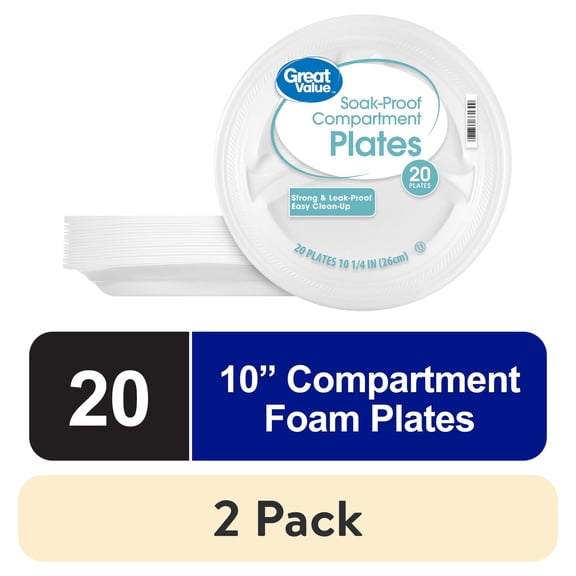 (2 pack) Great Value Soak-Proof Disposable Foam Compartment Plates, 10 in, 20 Count