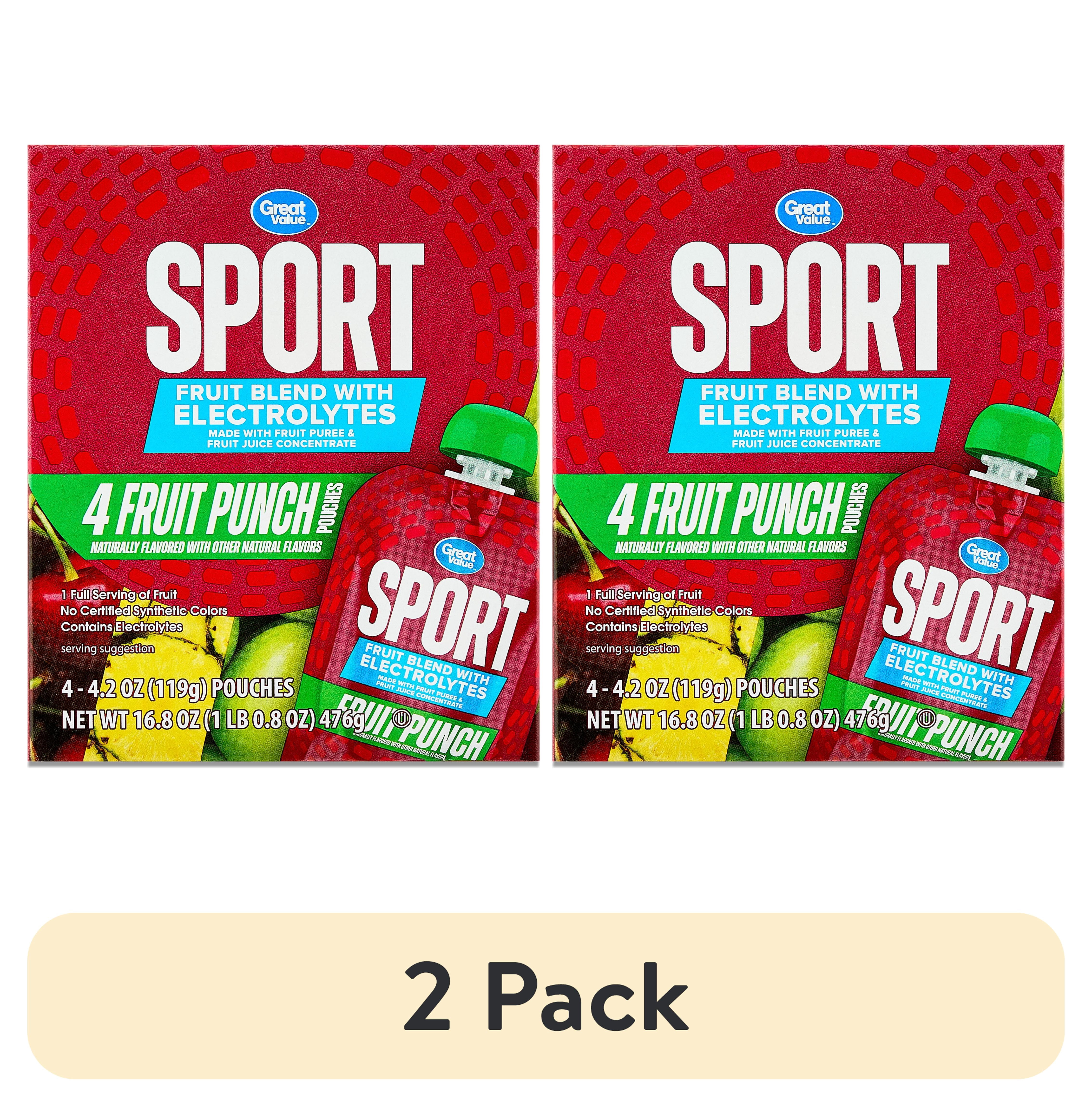 (2 pack) Great Value Sport Fruit Blend Applesauce with Electrolytes, Fruit Punch, 16.8 oz, 4 Count Carton