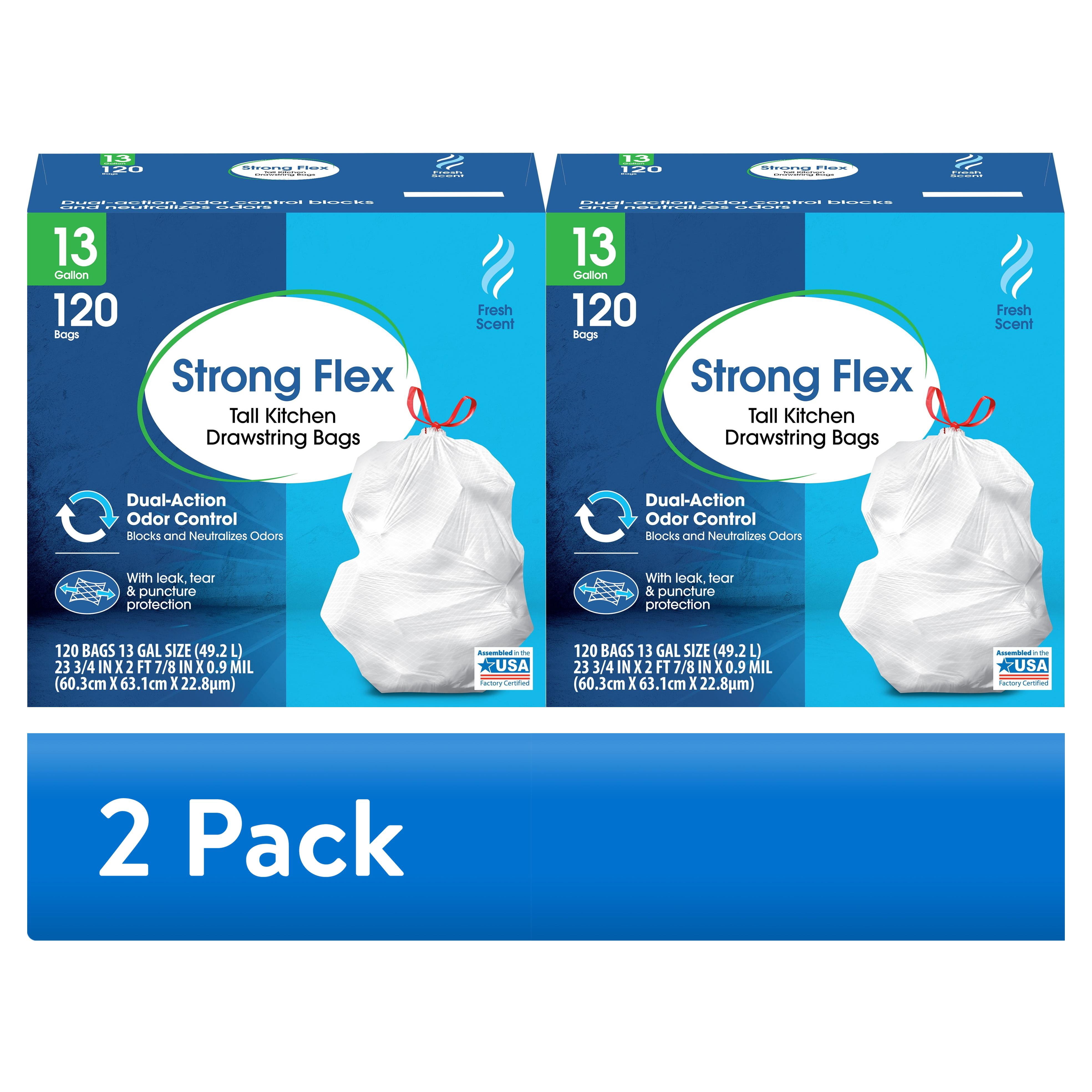 (2 pack) Great Value Strong Flex 13 gal Drawstring Tall Kitchen Trash Bags, Fresh Scent, 120 Bags