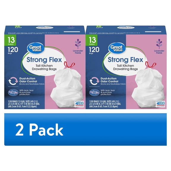 (2 pack) Great Value Strong Flex 13-Gallon Drawstring Tall Kitchen Trash Bags, Lavender Fields, 120 Bags