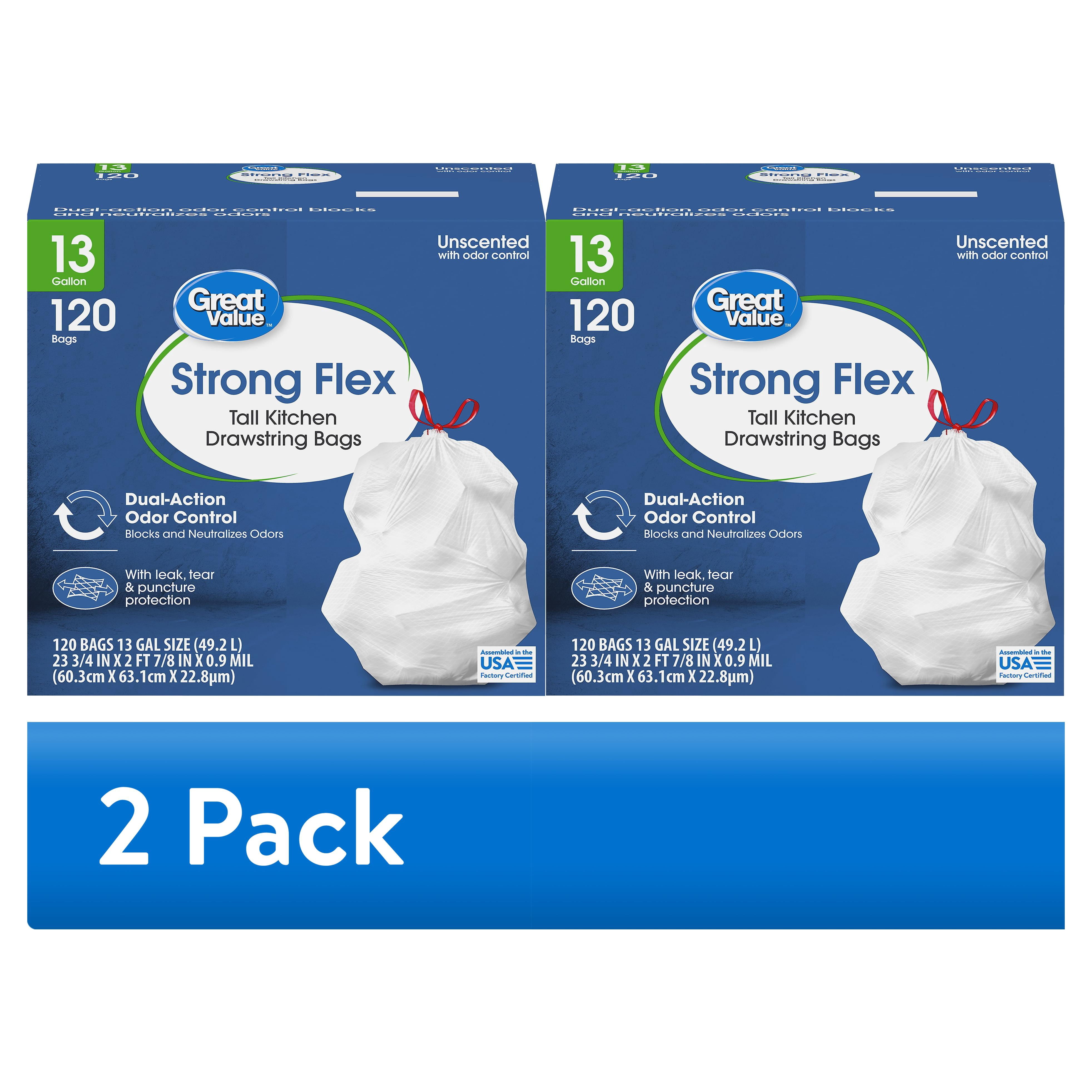 (2 pack) Great Value Strong Flex 13 gal Tall Kitchen Drawstring Trash Bags, Unscented, 120 Bags