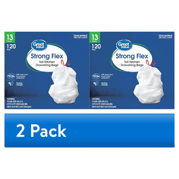 (2 pack) Great Value Strong Flex Tall Kitchen Drawstring Bags, 13 gal, 120 Bags