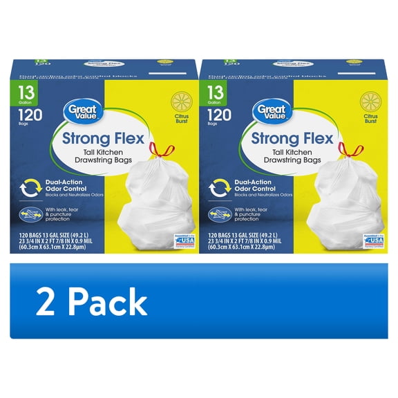 (2 pack) Great Value Strong Flex Tall Kitchen Drawstring Trash Bags, Citrus Burst, 13 Gallon, 120 Count