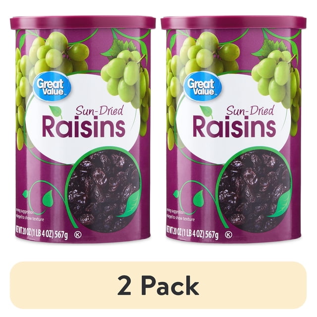 Dried Raisins Pack (2 pack) Great Value Sun-Dried Raisins Canister, 20 oz (1lb 4oz) 567g ...