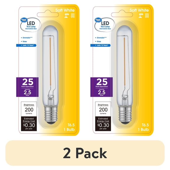 (2 pack) Great Value T6.5 LED Tubular Bulb, 2.5-Watt (25W Equivalent) Dimmable Soft White E17 Base , 1 Pack